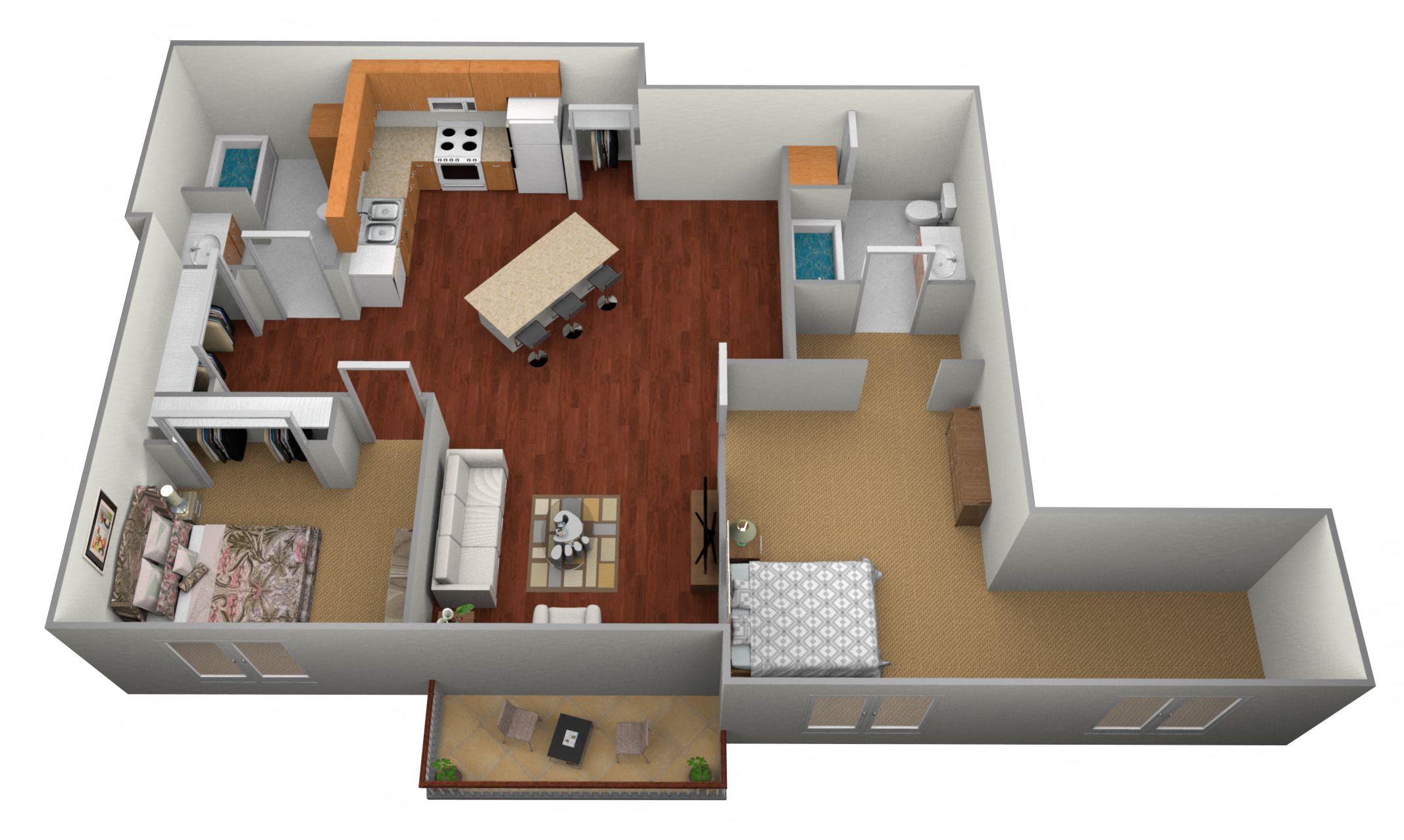 Floor plan for 2 beds, 2 baths, 1077 sqft